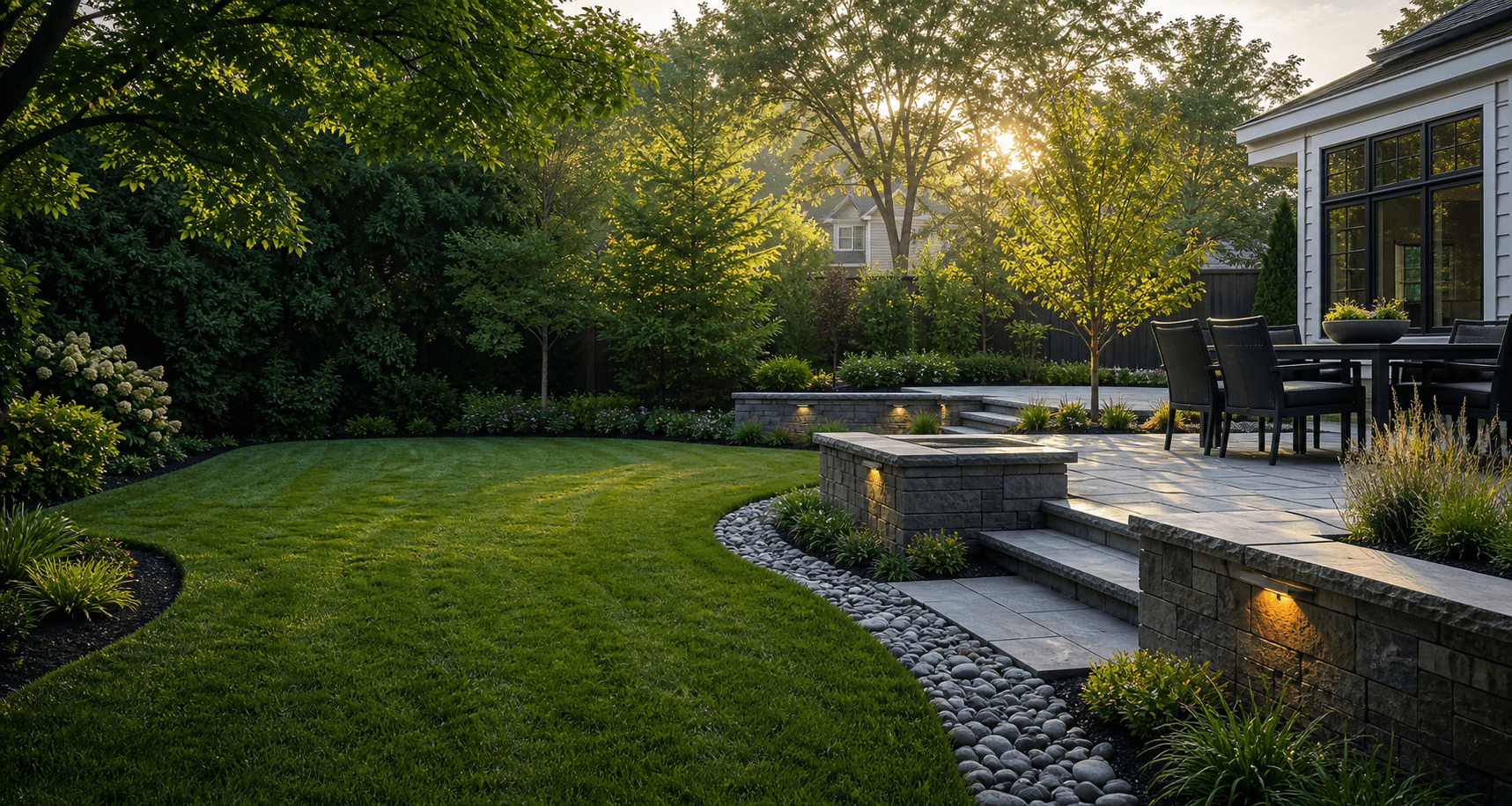 Modern backyard landscaping with lawn, patio, and garden beds